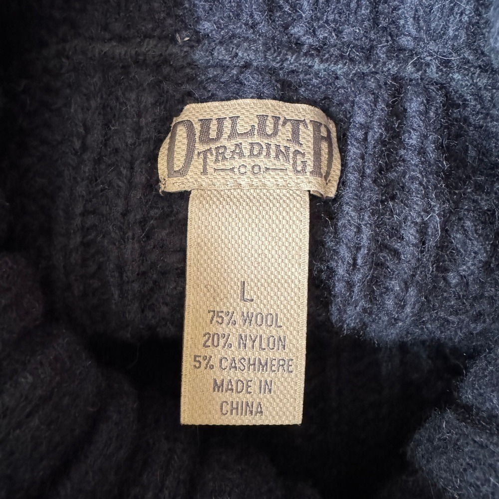 Duluth Trading Co Wool Cashmere Cable Knit Turtleneck Sweater L Navy Fisherman - Picture 5 of 6